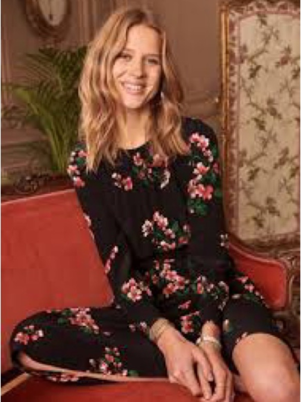 Sezane 100% Silk Black Floral Long-Sleeve Midi Dress with Pink and Green Accents